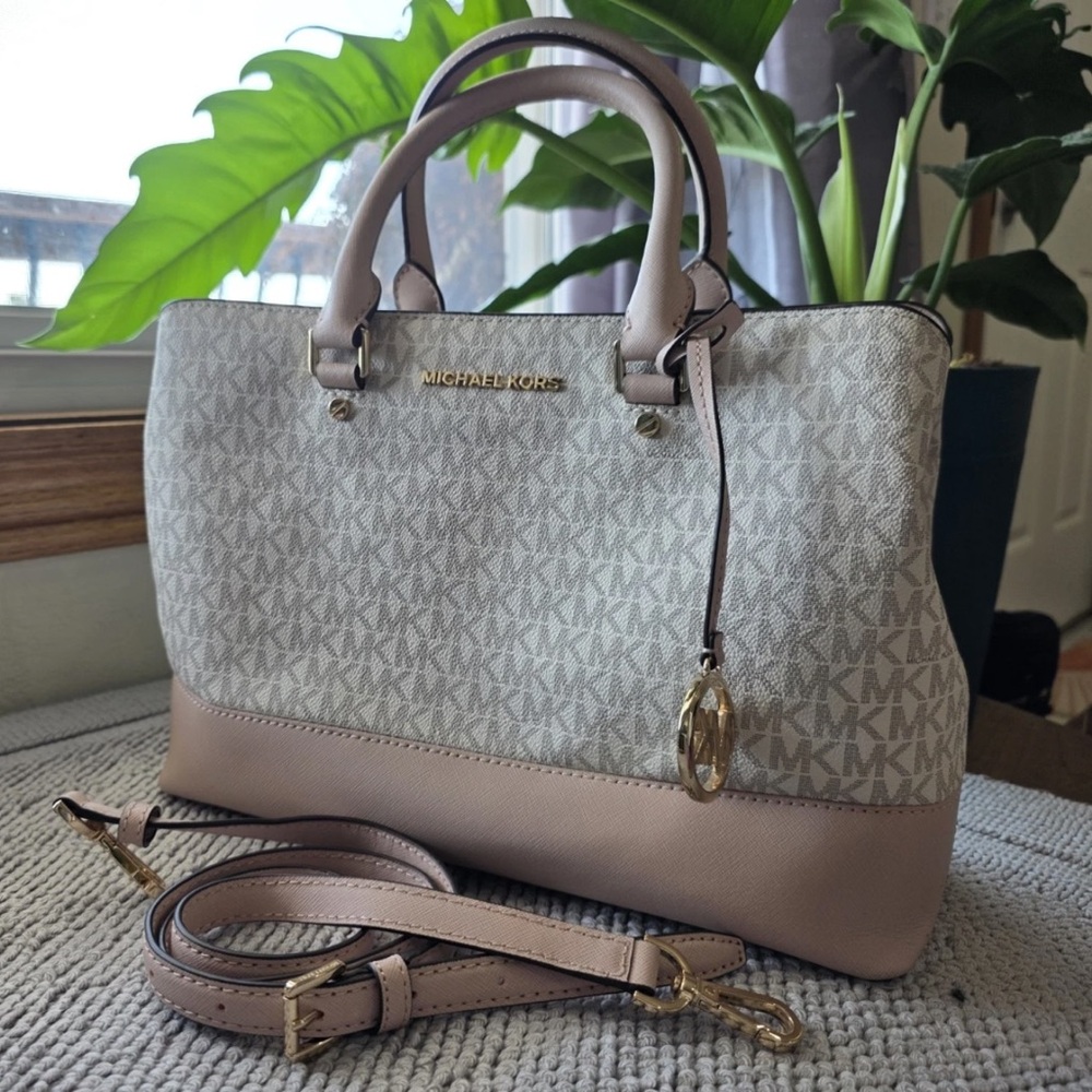 Michael Kors Cream and Tan Signature Satchel
